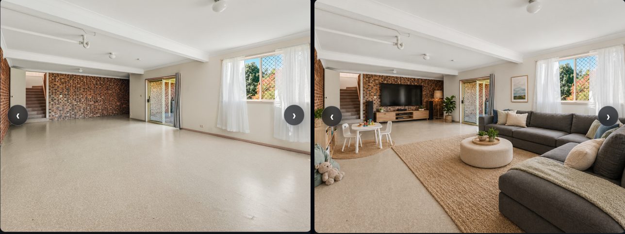 The same rumpus room shown empty and then staged with furniture