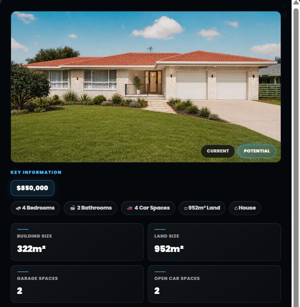 The listing's price, sizes and features laid out beside the hero photo