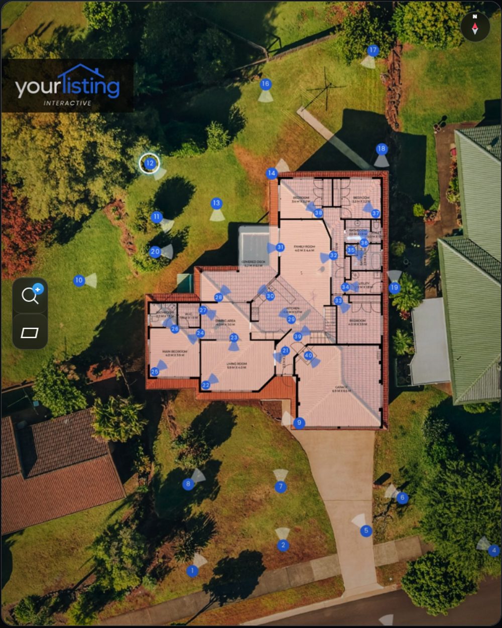 Numbered hotspots on the floor plan, laid over an aerial photo of the property